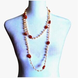 Boho Vintage Wire Wrapped Amber Glass & Faux Pearl Necklace 27" Length